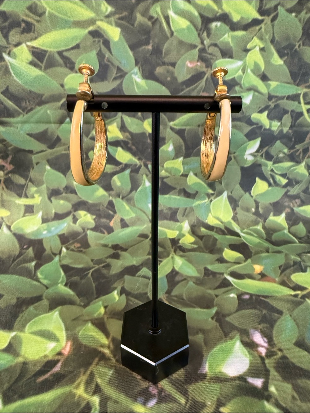 Vintage Goldette Gold and Cream Enamel Hoop Earrings